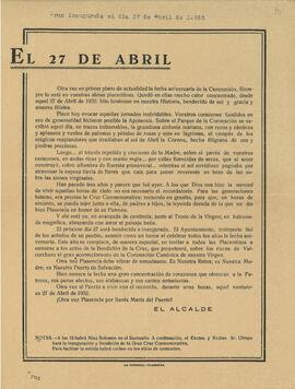 Bando del Alcalde invitando a los actos en honor a  Virgen del Puerto. Abril 1955