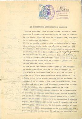 Escrito de los industriales de la Plaza de Abastos solicitando modificaciones y mejoras
