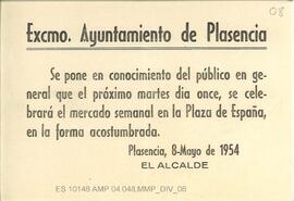 Bando del Alcalde anunciando el mercado semanal en la Plaza de España del martes 11 de mayo