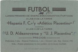 Hoja informativa de dos partidos de Fútbol. Plasencia.